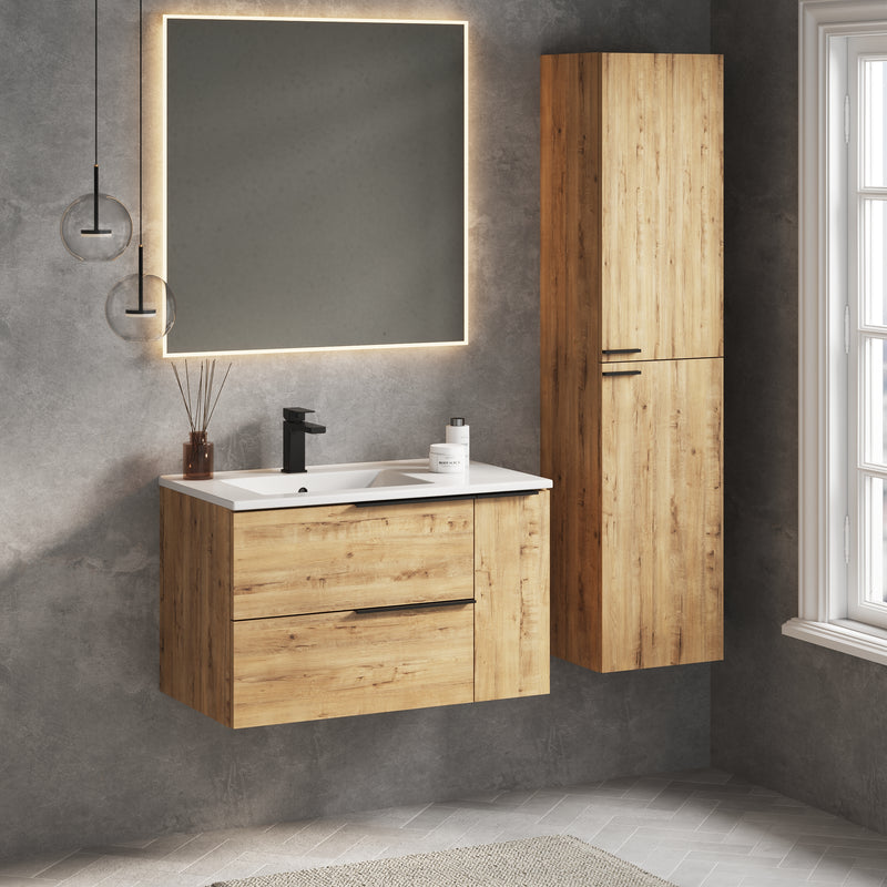 Banyetti Celtic Duo Ostippo Oak Wall Hung Vanity Unit with Matt Black Handles - Select Size