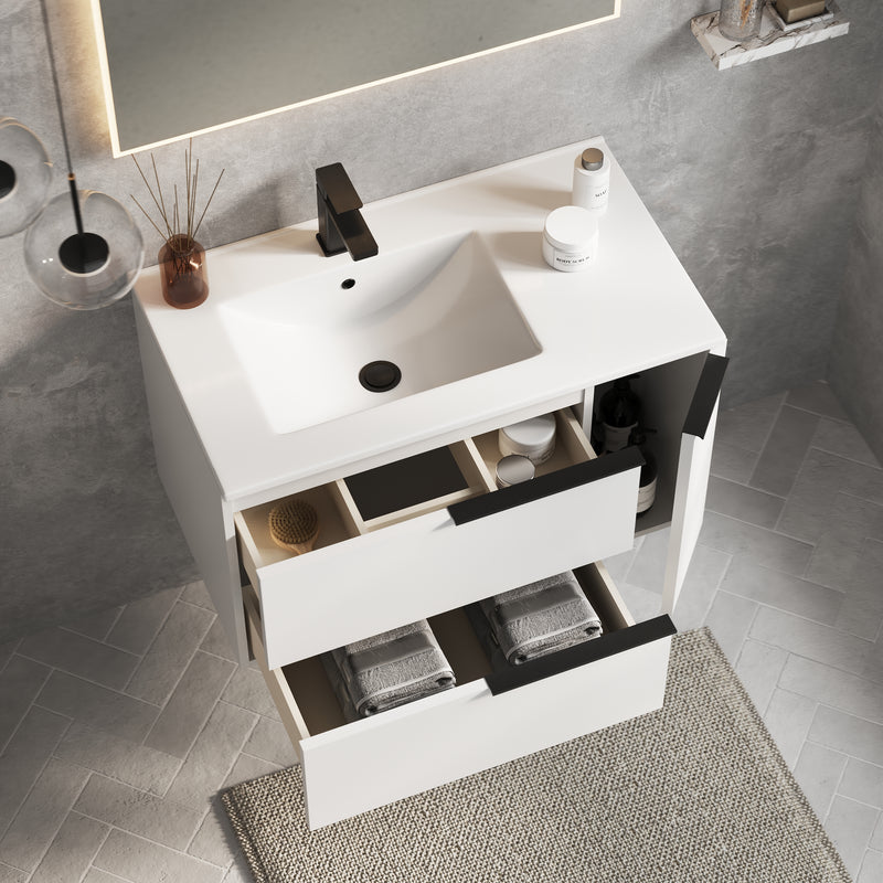 Banyetti Celtic Duo Gloss White Wall Hung Vanity Unit with Matt Black Handles - Select Size