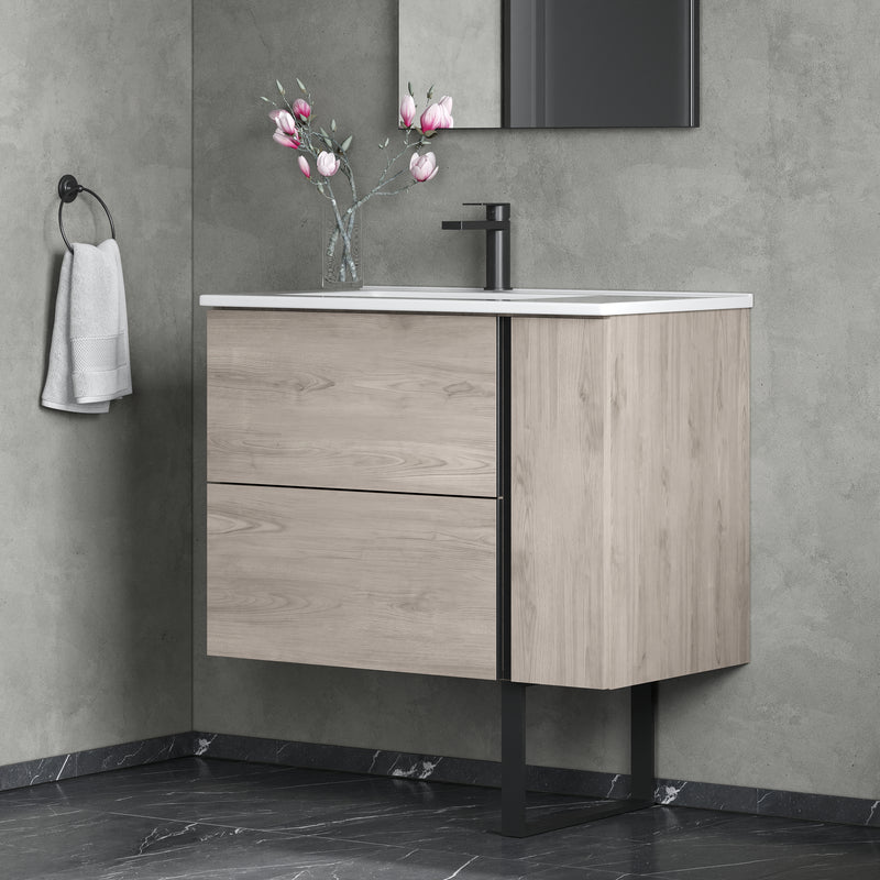 Banyetti Evora Iron Oak Wall Hung Vanity Unit with Matt Black Handles - Select Size