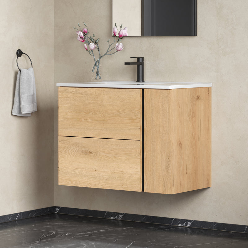 Banyetti Evora Natural Oak Wall Hung Vanity Unit with Matt Black Handles - Select Size