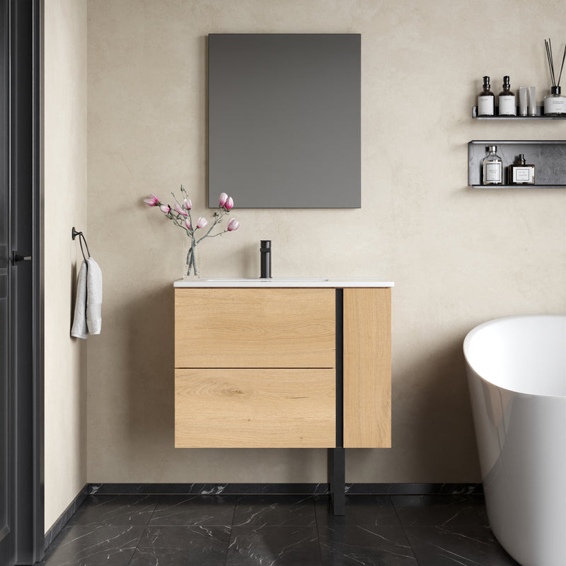 Banyetti Evora Natural Oak Wall Hung Vanity Unit with Matt Black Handles - Select Size