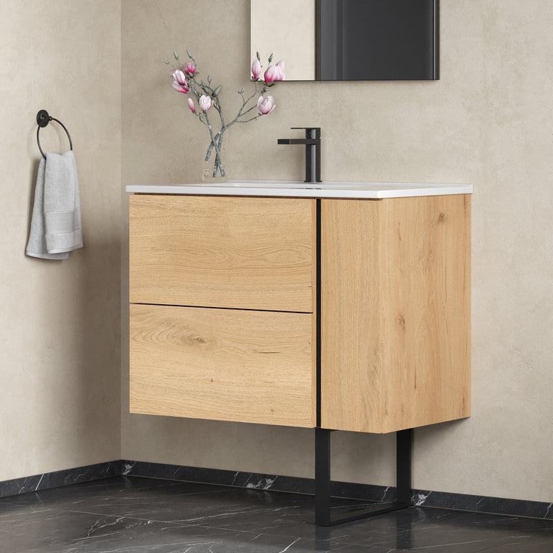 Banyetti Evora Natural Oak Wall Hung Vanity Unit with Matt Black Handles - Select Size