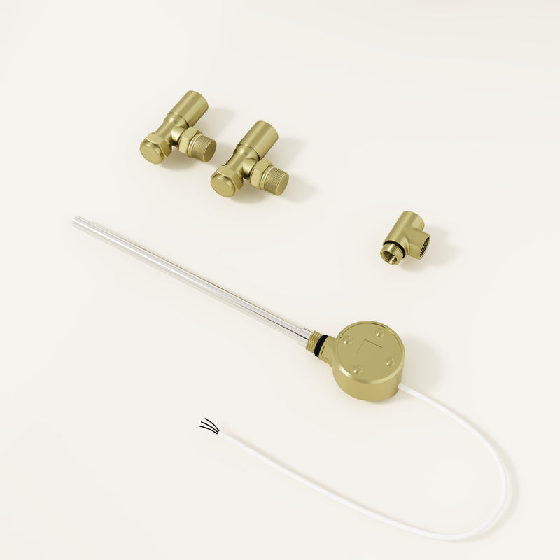 Dual fuel heating kit brushed brass – full kit laid out with heating element, straight valves and T‑piece adaptor in brushed brass finish