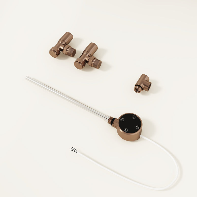 Dual fuel heating kit – installed brushed bronze radiator in bathroom with straight valves configuration
