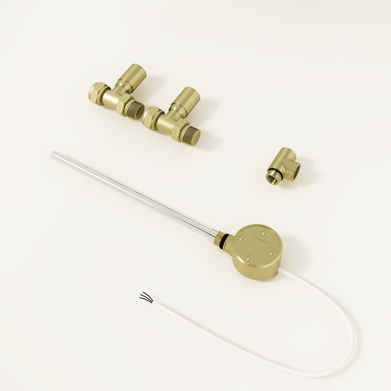 Dual fuel heating kit brushed brass – close‑up showing brushed brass finish on heating element and valve fittings