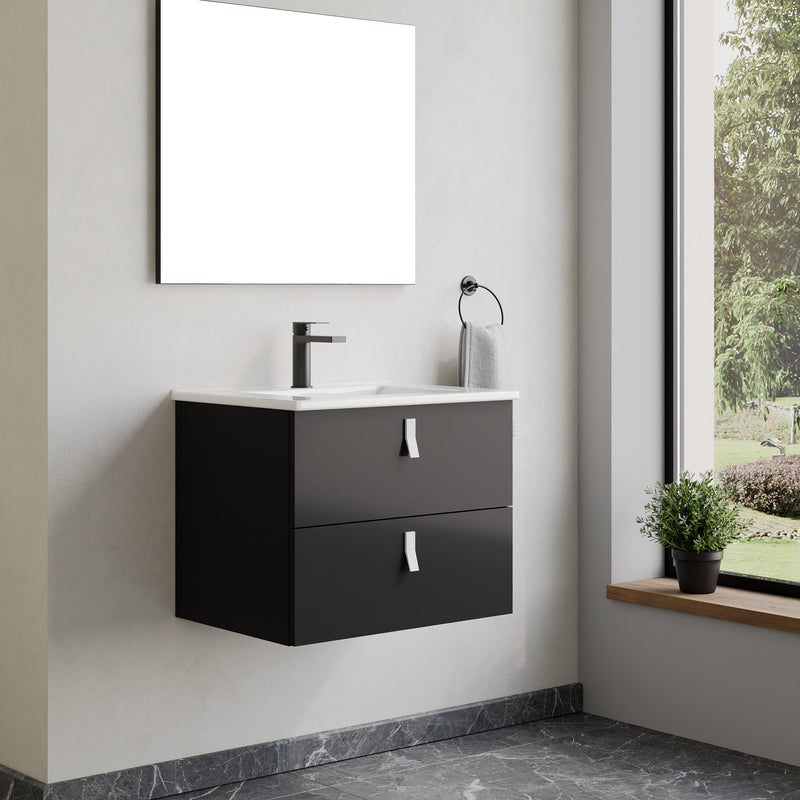 Banyetti Invicta Matt Black Wall Hung Vanity Unit with White Handles - Select Size
