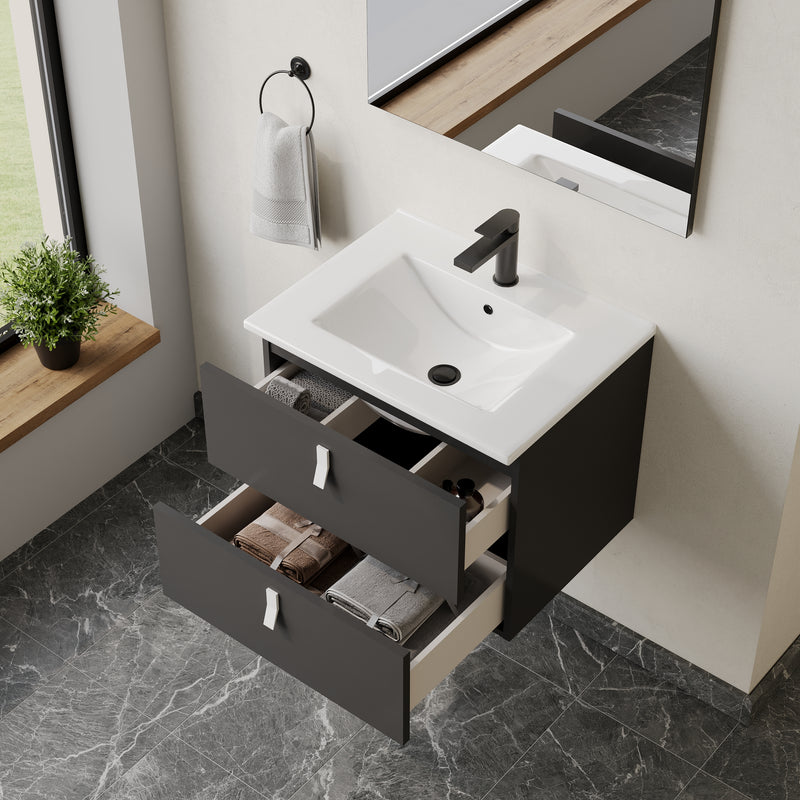 Banyetti Invicta Matt Black Wall Hung Vanity Unit with White Handles - Select Size