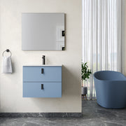Wall hung vanity unit powder blue – front view of Banyetti Invicta powder‑blue wall‑hung vanity unit with matt black handles