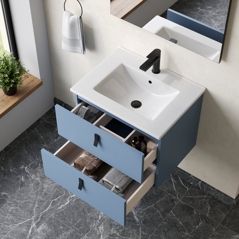 Wall hung vanity unit powder blue – detail view of soft‑close drawers and moisture‑resistant cabinet construction in powder‑blue finish