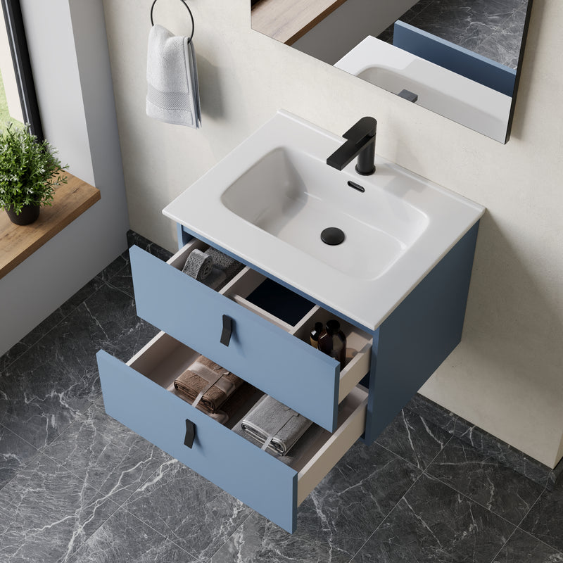 Wall hung vanity unit powder blue – variant size and compatibility shot showing 600 mm width option of Banyetti Invicta unit in powder blue