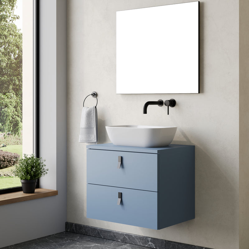 Wall hung vanity unit powder blue – front view of Banyetti Invicta powder‑blue wall‑hung vanity unit with matt black handles