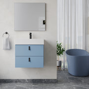 Wall hung vanity unit powder blue – installed bathroom view showing Banyetti Invicta powder‑blue unit mounted on wall with matching basin