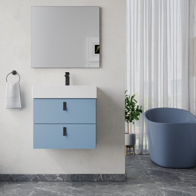Wall hung vanity unit powder blue – installed bathroom view showing Banyetti Invicta powder‑blue unit mounted on wall with matching basin