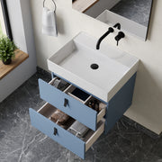Wall hung vanity unit powder blue – installed bathroom view showing Banyetti Invicta powder‑blue unit mounted on wall with matching basin