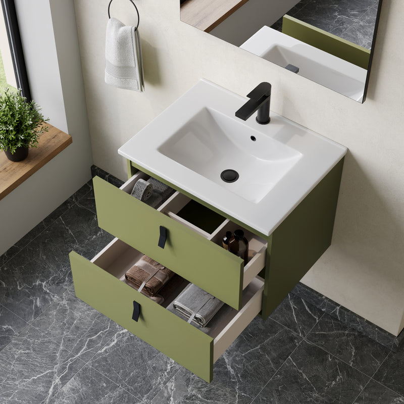 Banyetti Invicta Sage Green Wall Hung Vanity Unit with Matt Black Handles - Select Size