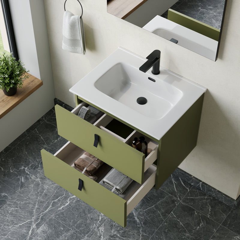 Banyetti Invicta Sage Green Wall Hung Vanity Unit with Matt Black Handles - Select Size