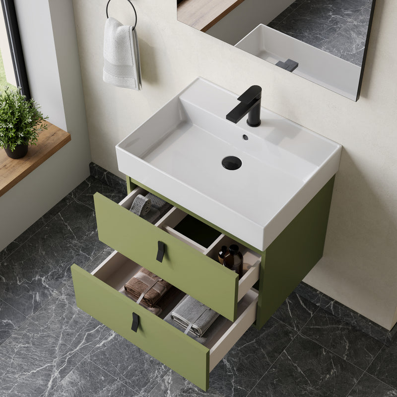 Banyetti Invicta Sage Green Wall Hung Vanity Unit with Matt Black Handles - Select Size