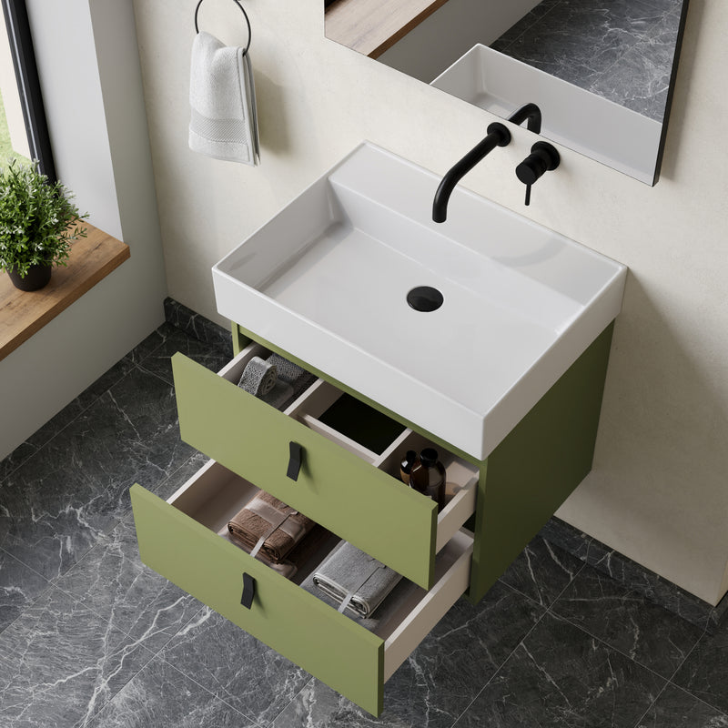 Banyetti Invicta Sage Green Wall Hung Vanity Unit with Matt Black Handles - Select Size