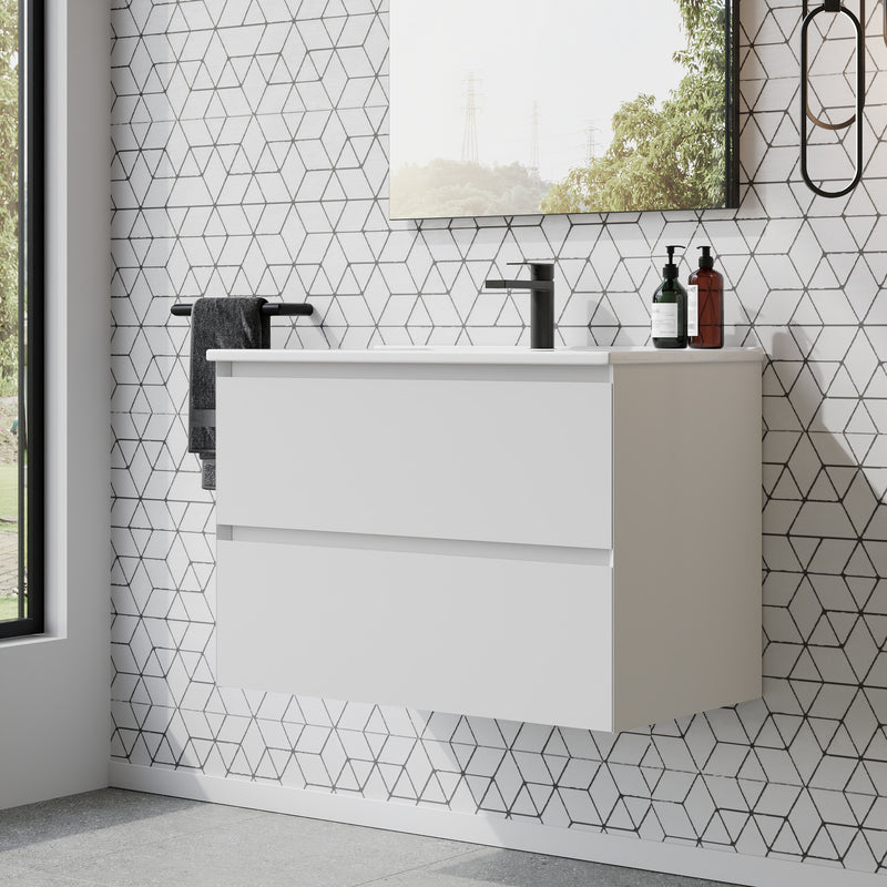 Banyetti Kameo 800mm Wall Hung 2 Drawer Vanity Unit with Basin - Matt White