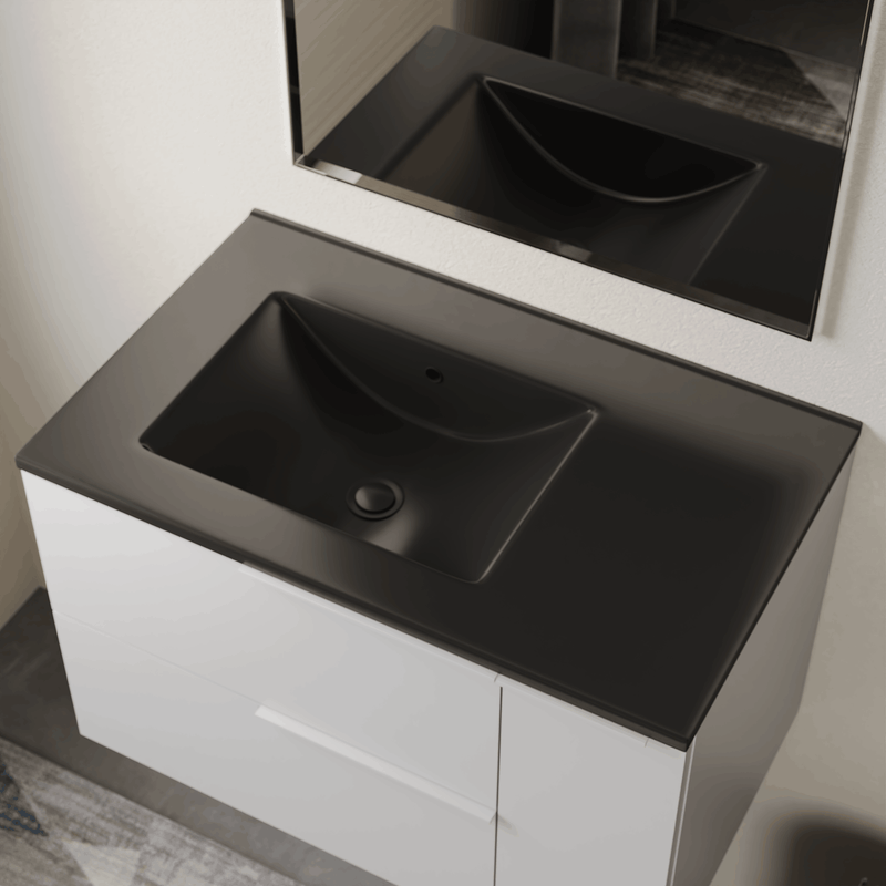 Banyetti Lira Ceramic No Tap Hole Basin Offset Sink - Matt Black
