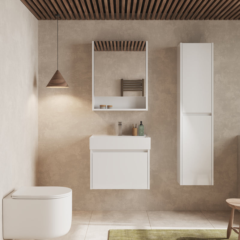 Single door mirror cabinet – specification layout showing 600 mm × 750 mm × 145 mm dimensions of Banyetti Mino mirror cabinet