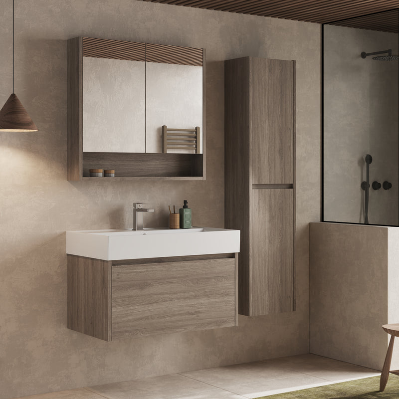 Wall hung tall cabinet Nebraska Oak – side profile view highlighting 265 mm depth and slim wall‑hung design