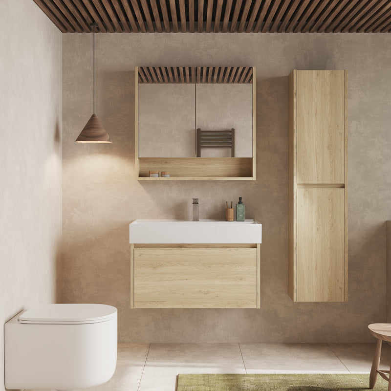 Double door mirror cabinet – interior view showing open shelving and mirrored double doors