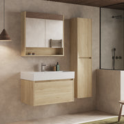 Wall hung tall cabinet natural oak – side profile view showing 265 mm depth and slim floating wall hung design