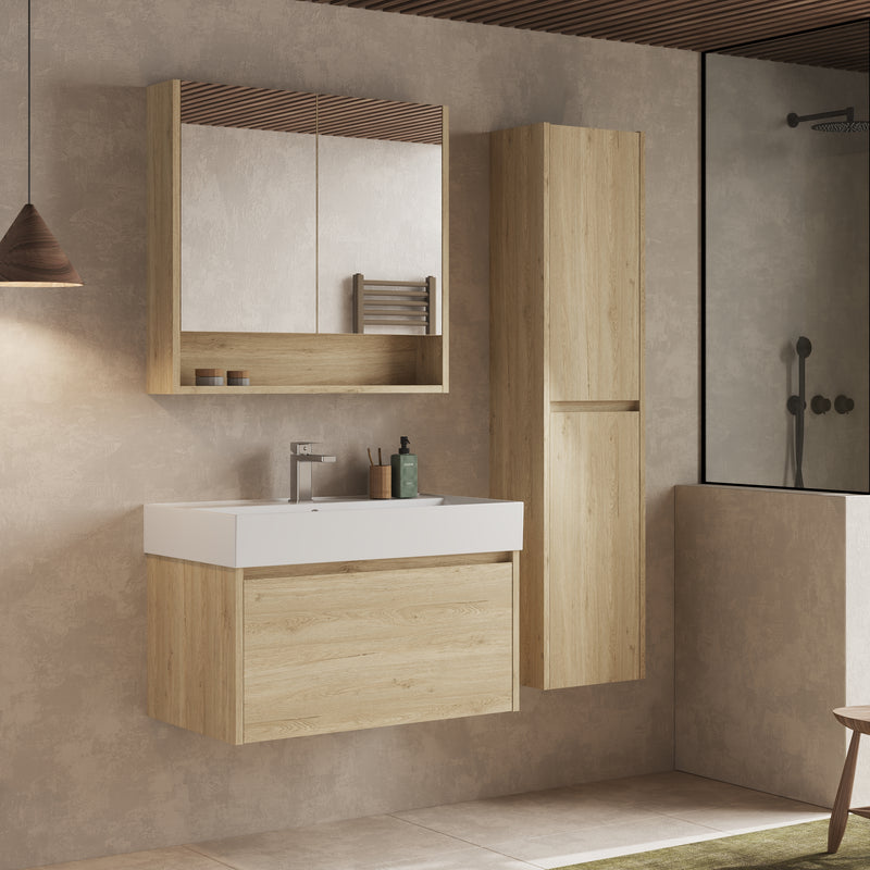 Wall hung tall cabinet natural oak – side profile view showing 265 mm depth and slim floating wall hung design