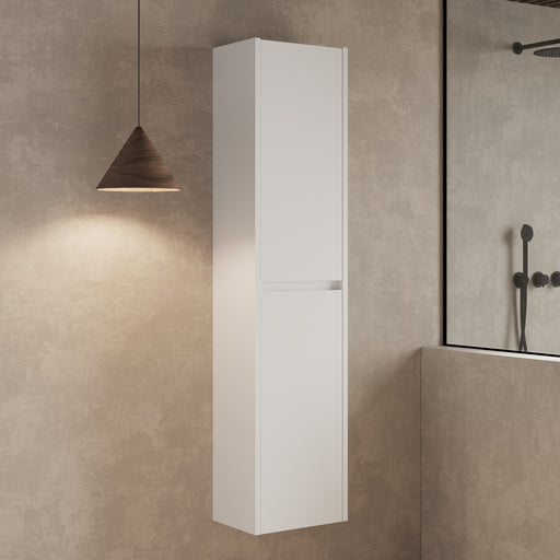 Wall hung tall cabinet gloss white – close‑up showing handle‑less soft‑close doors on Gloss White tall cabinet