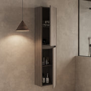 Wall hung tall cabinet Nebraska Oak – installed in a modern bathroom setting, cabinet mounted on wall giving floating effect