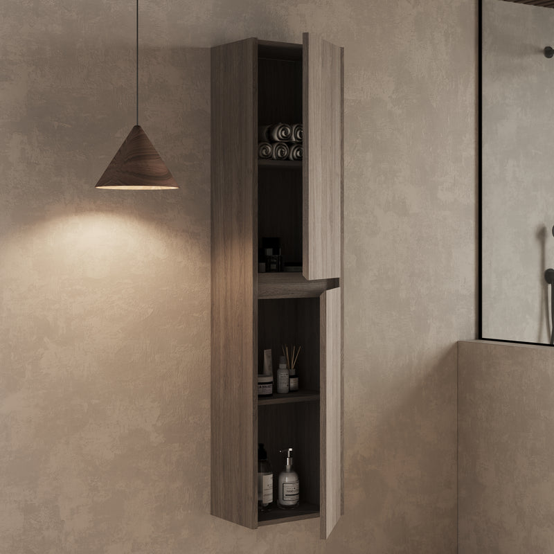 Wall hung tall cabinet Nebraska Oak – installed in a modern bathroom setting, cabinet mounted on wall giving floating effect
