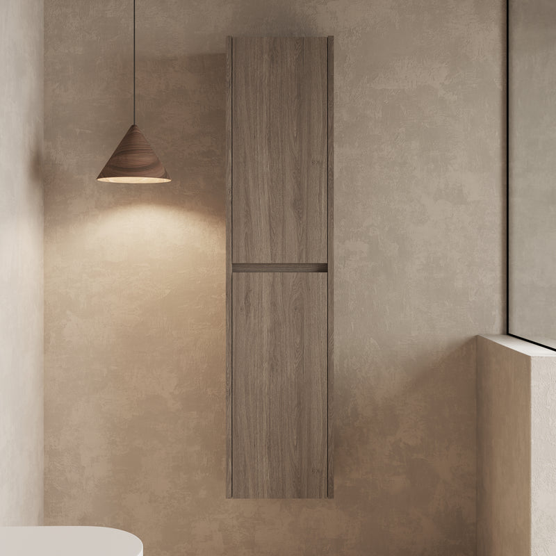 Wall hung tall cabinet Nebraska Oak – front view of Banyetti Mino 1500mm tall cabinet in Nebraska Oak finish