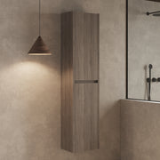 Wall hung tall cabinet Nebraska Oak – close‑up showing textured wood‑grain surface and handleless soft‑close doors in Nebraska Oak