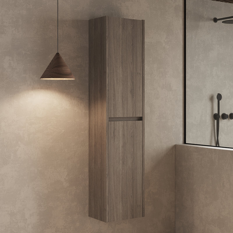 Wall hung tall cabinet Nebraska Oak – close‑up showing textured wood‑grain surface and handleless soft‑close doors in Nebraska Oak