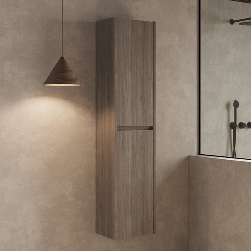 Wall hung tall cabinet Nebraska Oak – close‑up showing textured wood‑grain surface and handleless soft‑close doors in Nebraska Oak