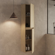Wall hung tall cabinet natural oak – installed in modern bathroom setting wall‑mounted above floor with natural oak finish