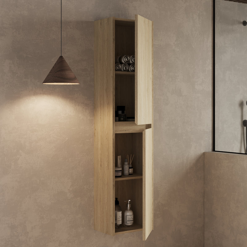 Wall hung tall cabinet natural oak – installed in modern bathroom setting wall‑mounted above floor with natural oak finish
