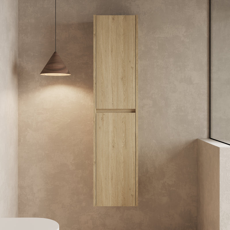 Wall hung tall cabinet natural oak – front view of Banyetti Mino 1500 mm tall cabinet in natural oak finish