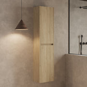 Wall hung tall cabinet natural oak – close‑up showing natural oak wood‑grain textured doors and handle‑less soft‑close design