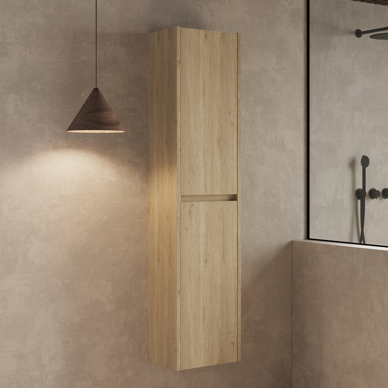 Wall hung tall cabinet natural oak – close‑up showing natural oak wood‑grain textured doors and handle‑less soft‑close design