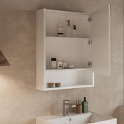 Single door mirror cabinet – interior view showing shelving behind the mirror door of Banyetti Mino cabinet