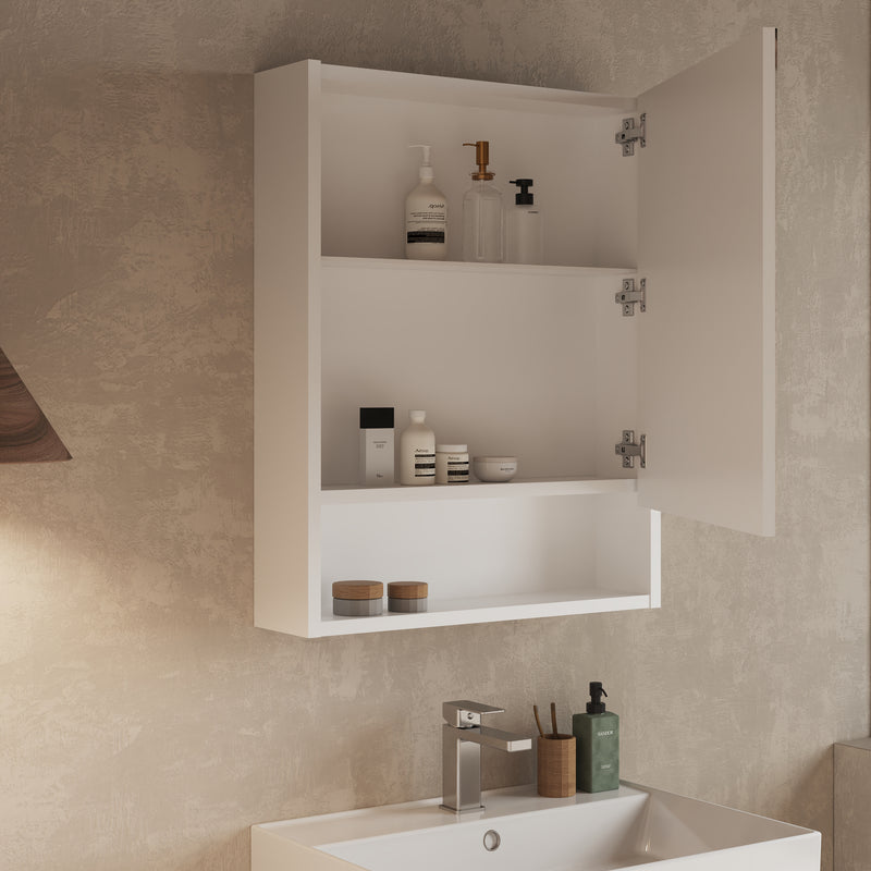 Single door mirror cabinet – interior view showing shelving behind the mirror door of Banyetti Mino cabinet