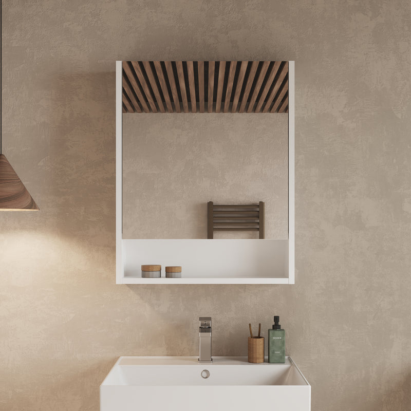 Single door mirror cabinet – installed bathroom setting showing Banyetti Mino single door mirror cabinet mounted above vanity unit