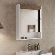 Single door mirror cabinet – close‑up of soft‑close door hinge and open shelf beneath mirror in Banyetti Mino cabinet
