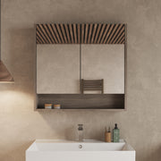 Double door mirror cabinet – installed above bathroom vanity showing Banyetti Mino cabinet in gloss white