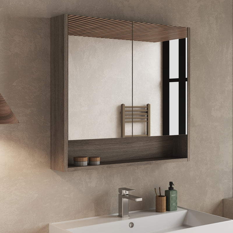Double door mirror cabinet – close‑up of soft‑close hinges and mirror door finish in natural oak