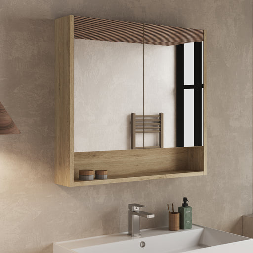 Double door mirror cabinet – front view of Banyetti Mino mirror cabinet in natural oak finish