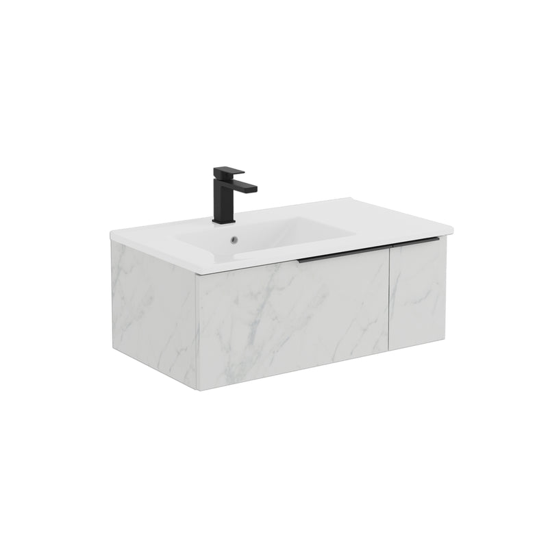 Banyetti Siena 800mm Wall Hung Vanity Unit with Matt Black Handles - Carrara Marble