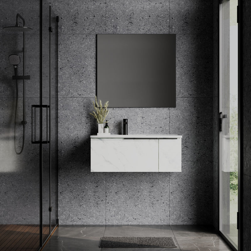 Banyetti Siena 800mm Wall Hung Vanity Unit with Matt Black Handles - Carrara Marble